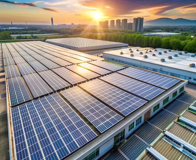 Solar panels covering the roof of a large industrial building _ Premium AI-generated image